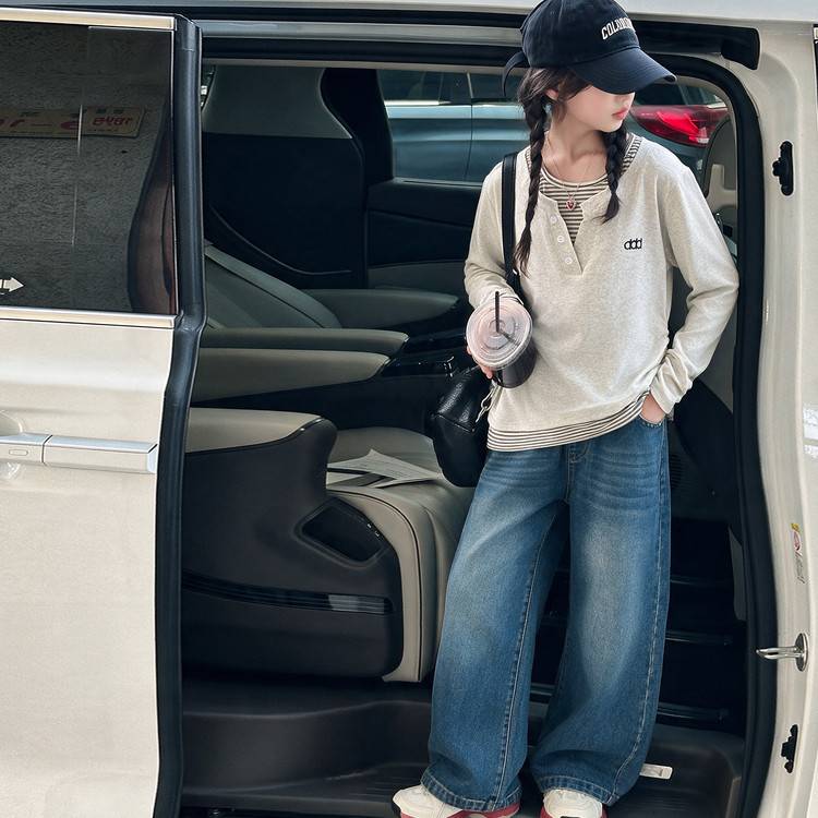 专柜品牌女童秋装长袖假两件卫衣套装2026新款中大童女生衣服牛仔
