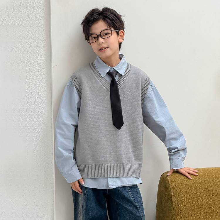 专柜品牌学院风男童毛衣马甲衬衫套装新款中大儿童洋气韩版长袖领