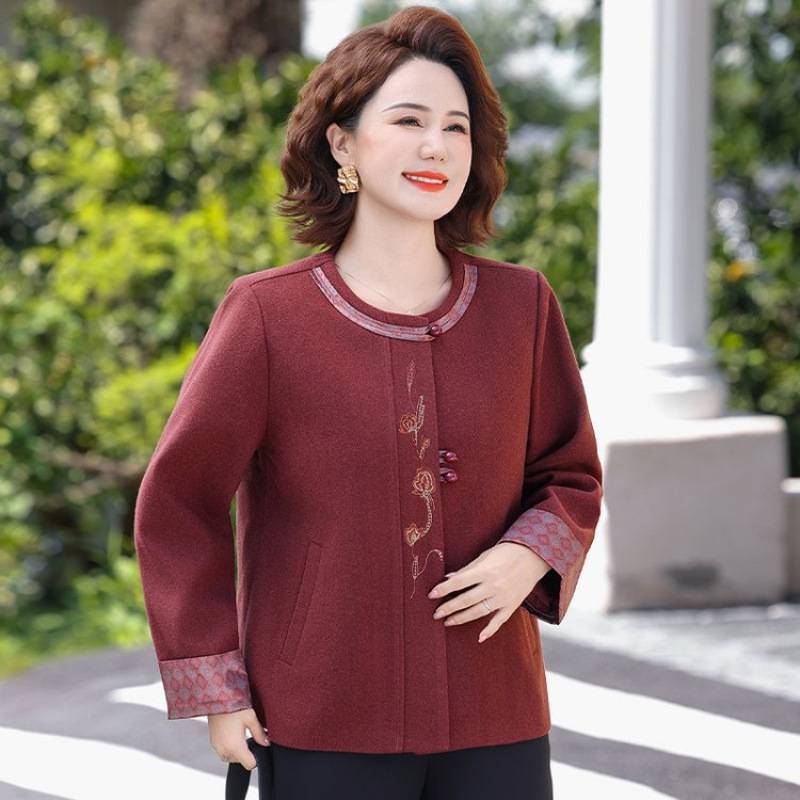 专柜品牌妈妈优雅毛呢女士外套新中式绣花中老年女装显瘦春秋百搭