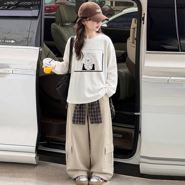 专柜品牌女童春秋圆领长袖T恤套装女大童春装宽松休闲工装裤阔腿