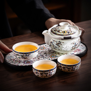 羊脂玉瓷珐琅彩盖碗茶杯单个家用复古手抓壶泡茶碗一人饮功夫茶具