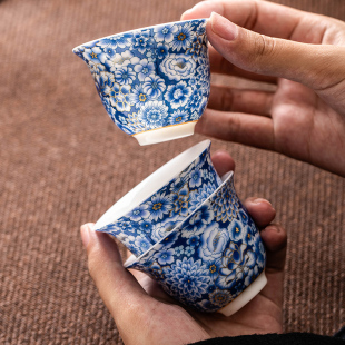 功夫茶具家用茶盏茶碗套装 羊脂玉青品茗杯六只装 敞口杯喝茶杯子