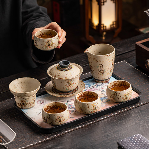 火石红敦煌飞天三才盖碗旅行茶具套装家用轻奢功夫茶杯泡茶器礼盒