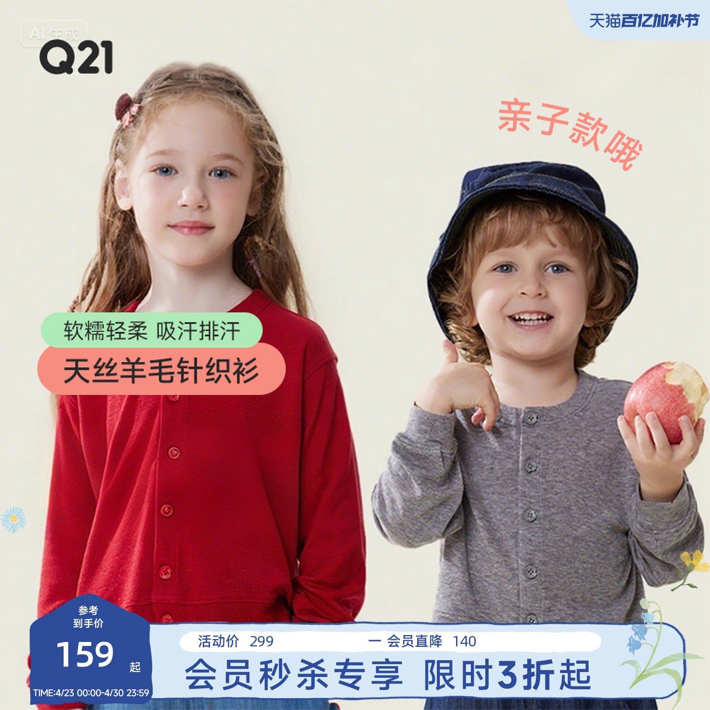 Q21亲子天丝羊毛针织开衫儿童男女童宝宝吸湿排汗轻柔外套春季新