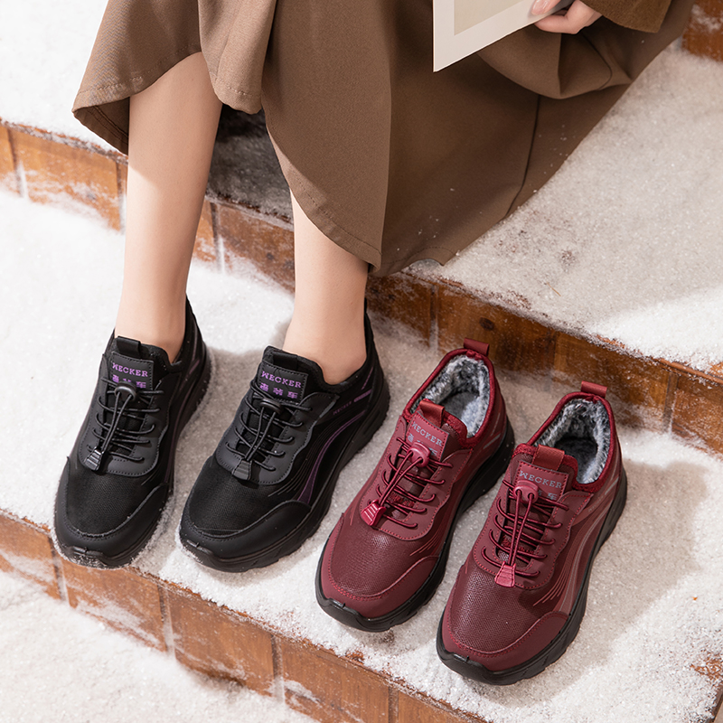 冬季女士棉鞋加绒保暖防滑舒适中老年妈妈鞋黑色运动鞋N3206