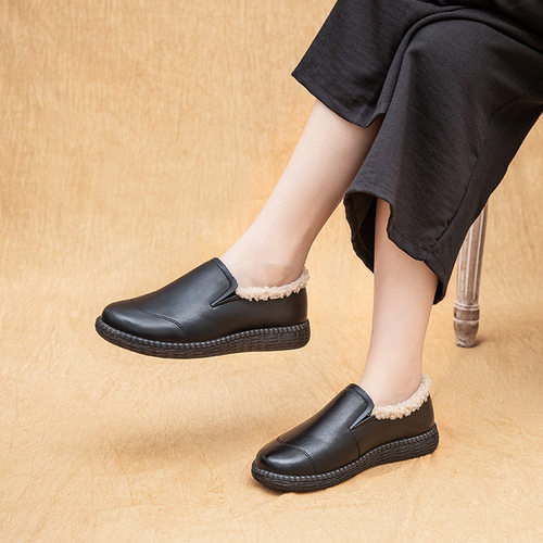 真皮加绒保暖棉鞋女冬季防滑软底妈妈鞋平底一脚蹬8002B
