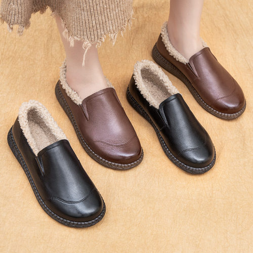 妈妈鞋舒适中老年冬季豆豆鞋女加绒保暖真皮一脚蹬软底棉鞋8002B
