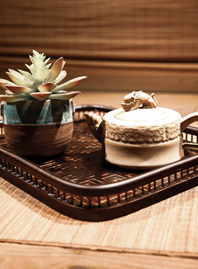 日式手工竹编茶盘长方形家用功夫茶具茶盘托盘餐盘水果盘茶具配件