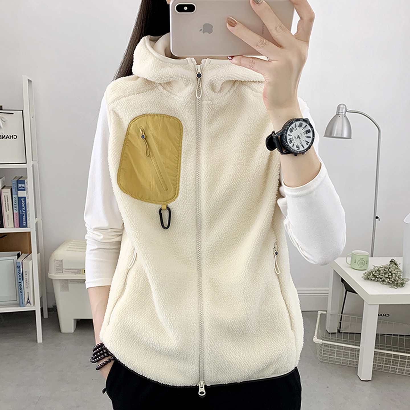 时尚连帽抓绒马甲情侣无袖外套