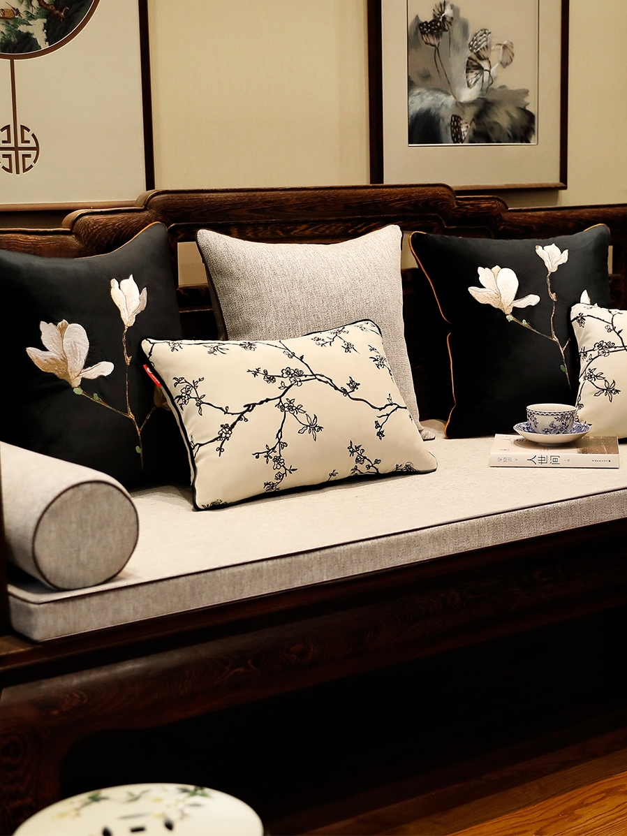黑色绒布新中式红木沙发坐垫实木沙发垫中国风雪尼尔罗汉床五件套