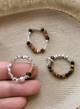 碎银虎眼石串珠戒指新中式复古