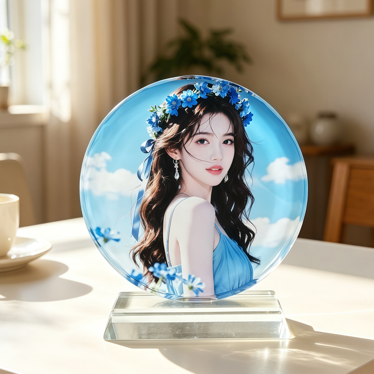 定制彩绘照片太阳花款水晶玻璃摆台 情侣创意画礼品生日结婚纪念