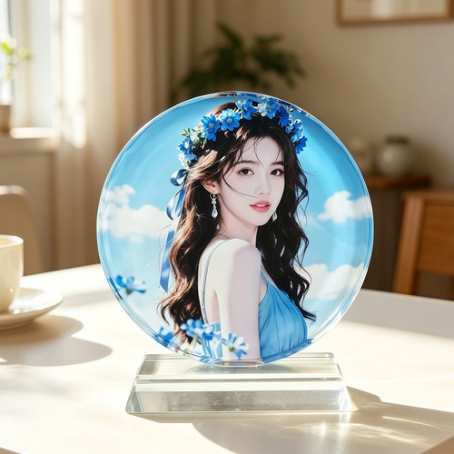 定制彩绘照片太阳花款水晶玻璃摆台 情侣创意画礼品生日结婚纪念