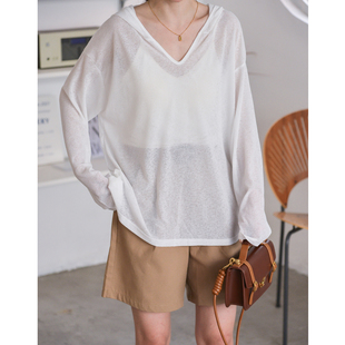 上衣防晒衫 菲尔丹 夏季 罩衫 女792 薄薄竹节针织显瘦深V领连帽长袖