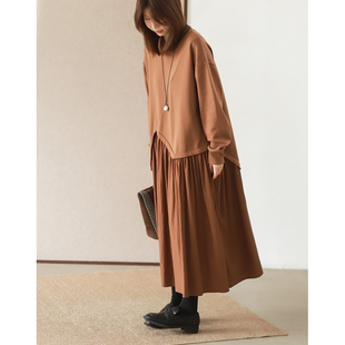 秋冬打底连衣裙9059 宽松大版 菲尔丹 假两件拼接卫衣拼梭织裙