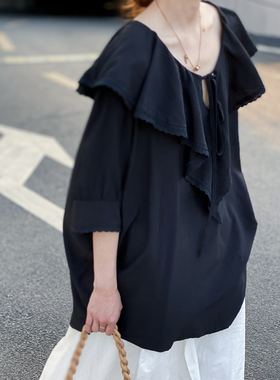 飘逸荷叶领系带衬衫 精致小花边宽松中长款显瘦五分袖衬衫女9905