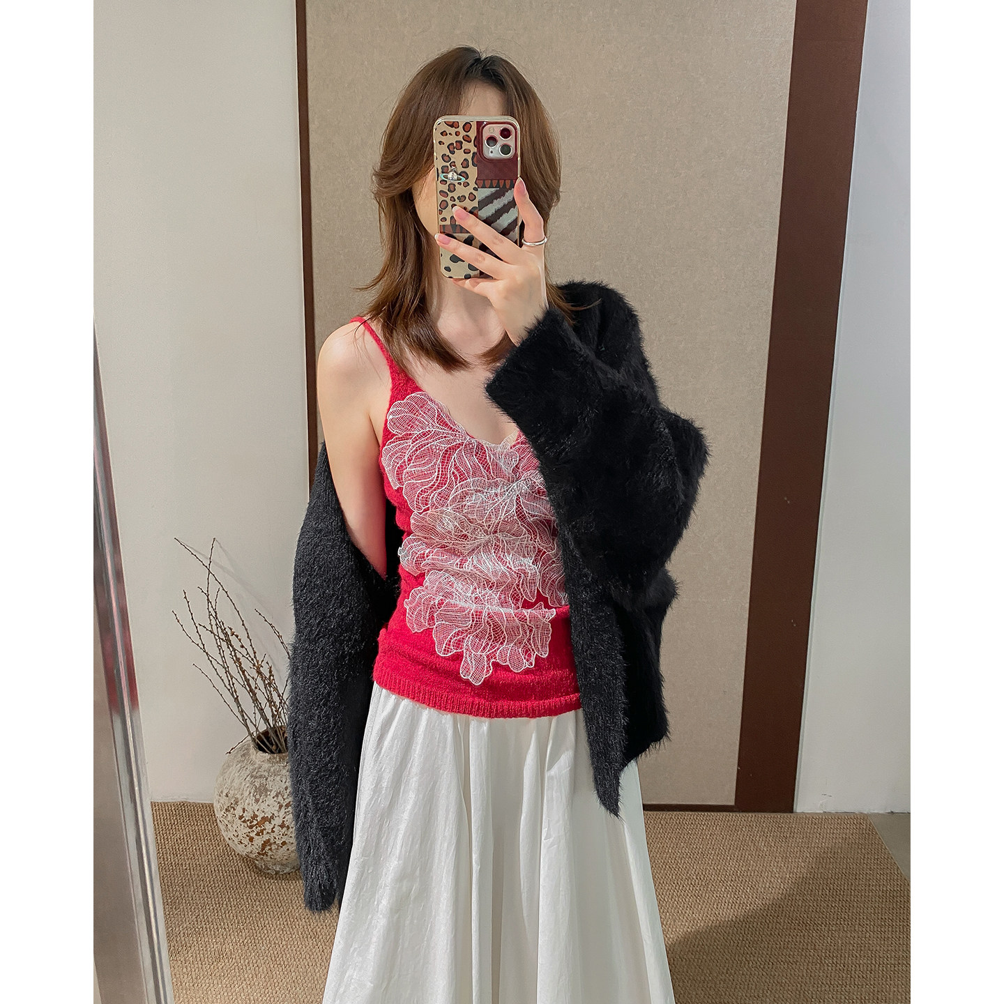 手工缝蕾丝花氛围感毛衣吊带