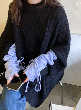 加厚菱格麻花宽松长袖毛衣 个性设计拼条纹抽绳袖慵懒长毛衣5511