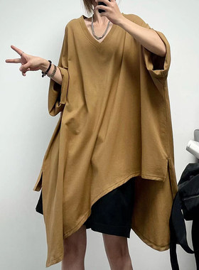 薄纯棉港风五分半袖不对称大T恤