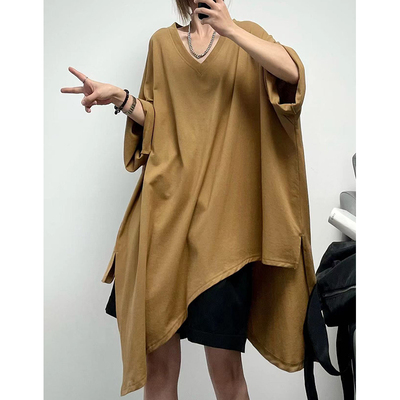 薄纯棉港风五分半袖不对称大T恤