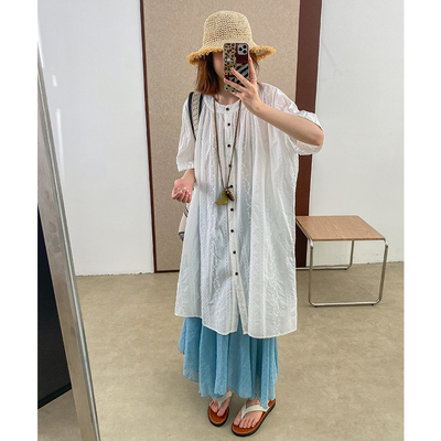 提花纹理棉短袖大版长衬衫