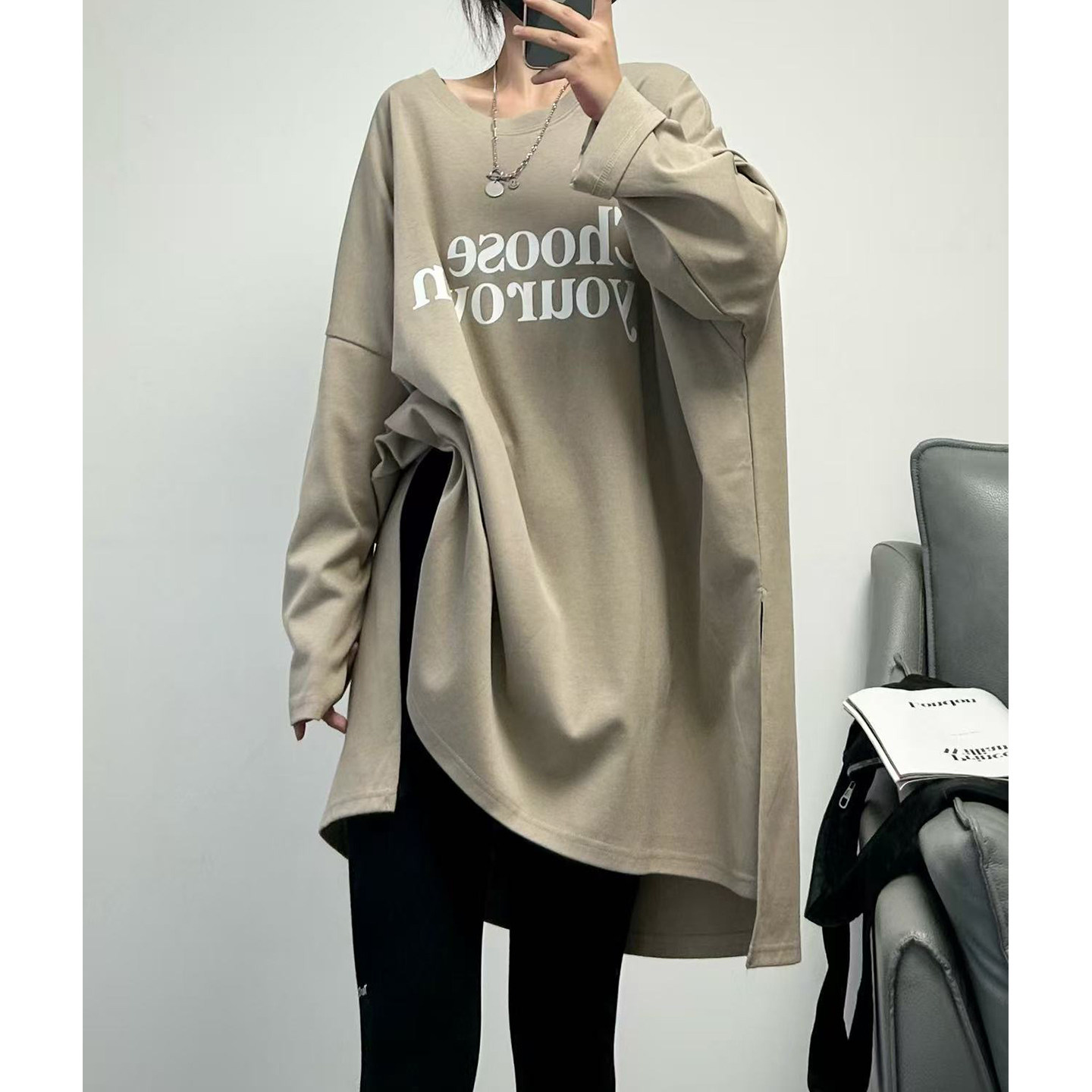 菲尔丹 巨好穿慵懒港风质感棉宽松大版开叉长袖英文印花长款T817,女装/女士精品,T恤,淘宝优惠券,粉丝福利购,淘宝优惠卷