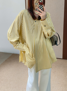 菲尔丹 港风超大版条纹衬衫 V领暗排扣宽松中长款长袖大衬衫1022