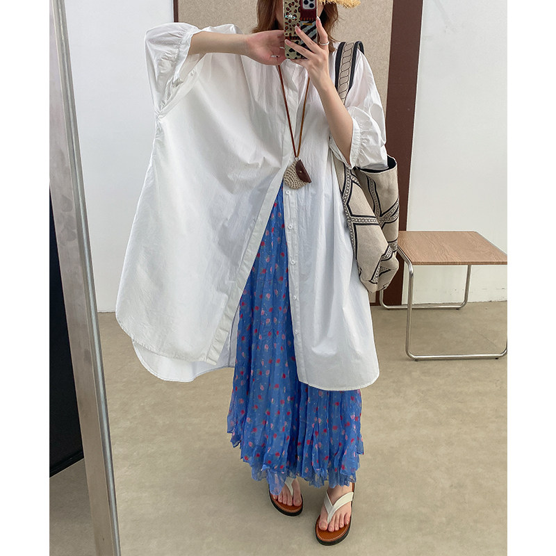 菲尔丹 面料巨舒服！港风高支精棉大廓形前短后衬衫裙长衬衫 0181