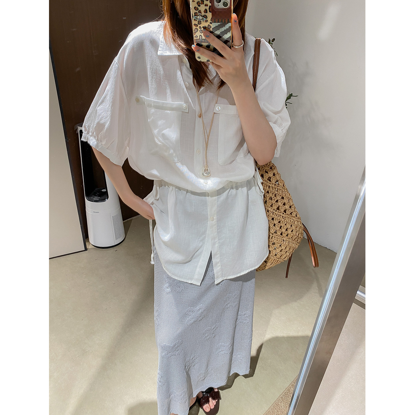 菲尔丹苎麻高个长款短袖衬衫