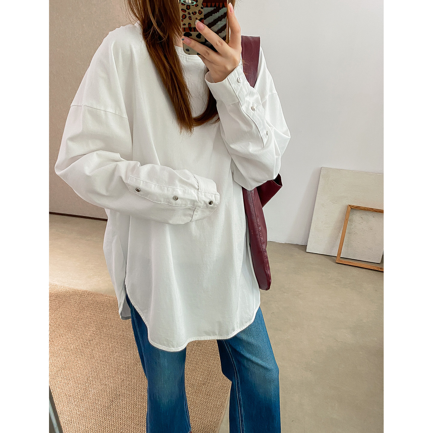 菲尔丹宽松长袖T恤开叉3882