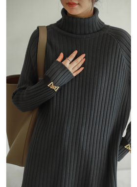 菲尔丹 外穿打底毛衣 显瘦插肩袖 袖口锁扣装饰 中长毛衣80290