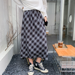 复古格纹磨毛棉松紧腰半身裙 高个子偏大码A字过膝长裙厚冬3831
