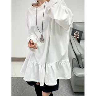 菲尔丹 配小裙摆 减龄圆领长袖大T恤 舒适棉慵懒宽松长款港风T306