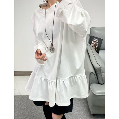 菲尔丹 配小裙摆 减龄圆领长袖大T恤 舒适棉慵懒宽松长款港风T306