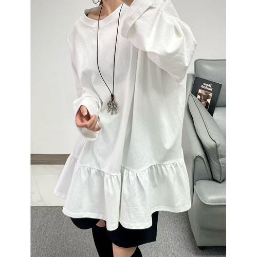 菲尔丹 配小裙摆 减龄圆领长袖大T恤 舒适棉慵懒宽松长款港风T306