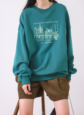 菲尔丹 城市简笔画印花套头长袖卫衣  墨绿色秋冬打底卫衣女0396