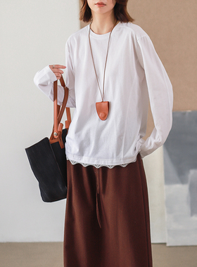 菲尔丹 惊艳小心机叠穿波浪蕾丝边长袖T恤 立裁拼接白色打底T9015