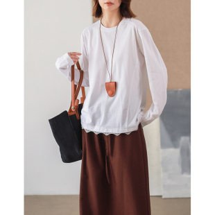 立裁拼接白色打底T9015 T恤 菲尔丹 惊艳小心机叠穿波浪蕾丝边长袖