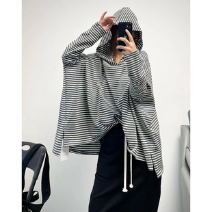条纹T恤 前短后长宽松秋冬打底T592 港风慵懒廓形连帽长袖 菲尔丹