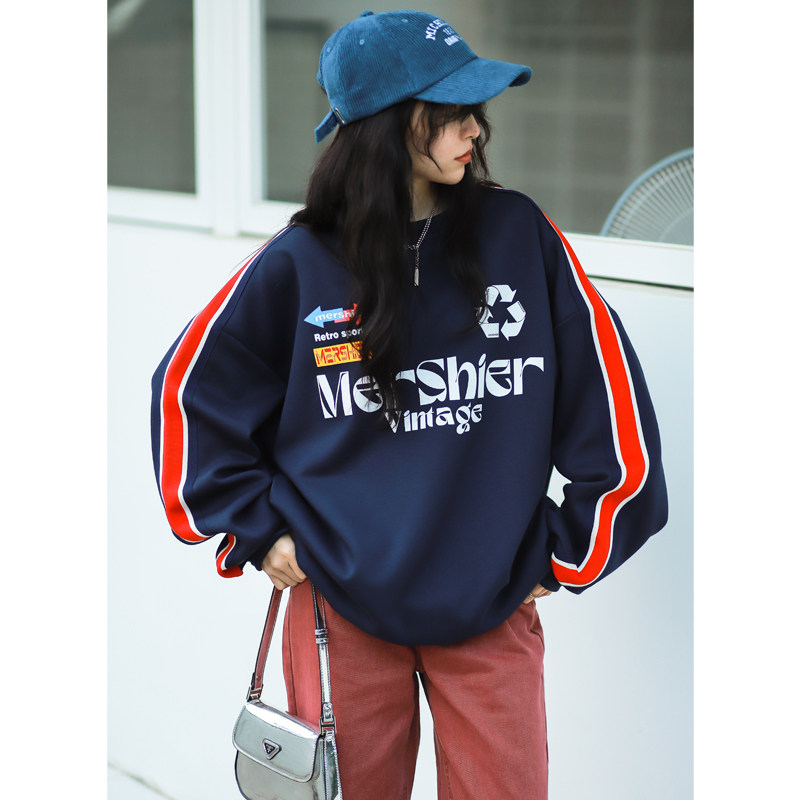 菲尔丹 小众复古美式套头卫衣 加绒厚款宽松中长休闲卫衣女4121