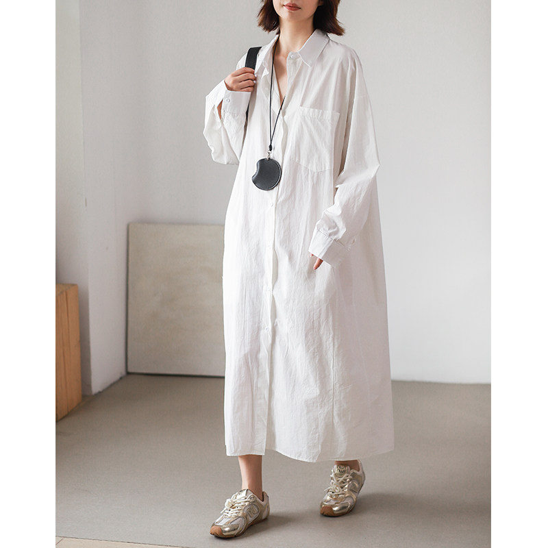 菲尔丹 文艺高大个版 结构线前移口袋长款衬衫 宽松长袖连衣裙033