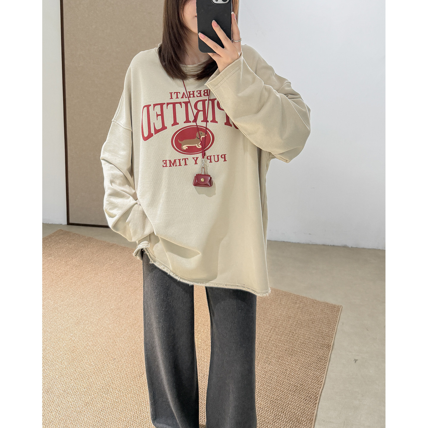 菲尔丹 港风休闲大版长卫衣 无感英文印花小圈棉宽松秋冬卫衣8103