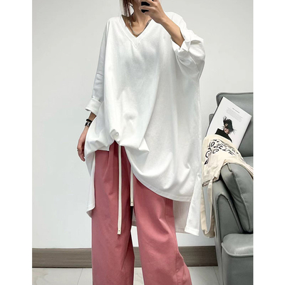 适中V领纯棉港风大T恤九分袖