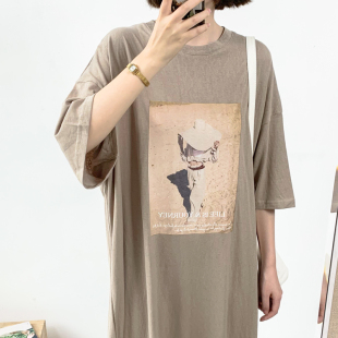 短袖 大图像印花五分袖 慵懒宽松大码 韩版 棉连衣裙2091 长T恤连衣裙