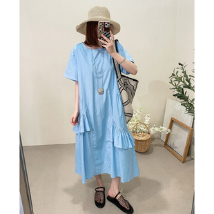 菲尔丹 日韩原宿风薄棉圆领短袖不对称小裙摆宽松短袖连衣裙7604