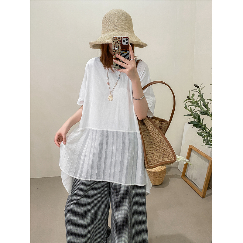 港风个性拼大宽摆圆领短袖T恤