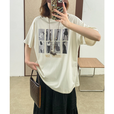 双纱精棉印花宽松中长短袖T恤