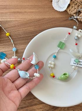 2026夏日多巴胺彩色不规则贝壳串珠项链女海边度假风锁骨链高级感