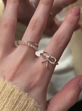 2026新款光亮蝴蝶结珍珠交叉双层戒指个性设计感轻奢气质珍珠开口