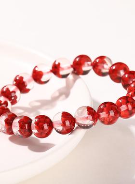 2026晶德珠宝 晶体砂聚宝盆手链本命年红色招财朱砂圆珠手串饰品